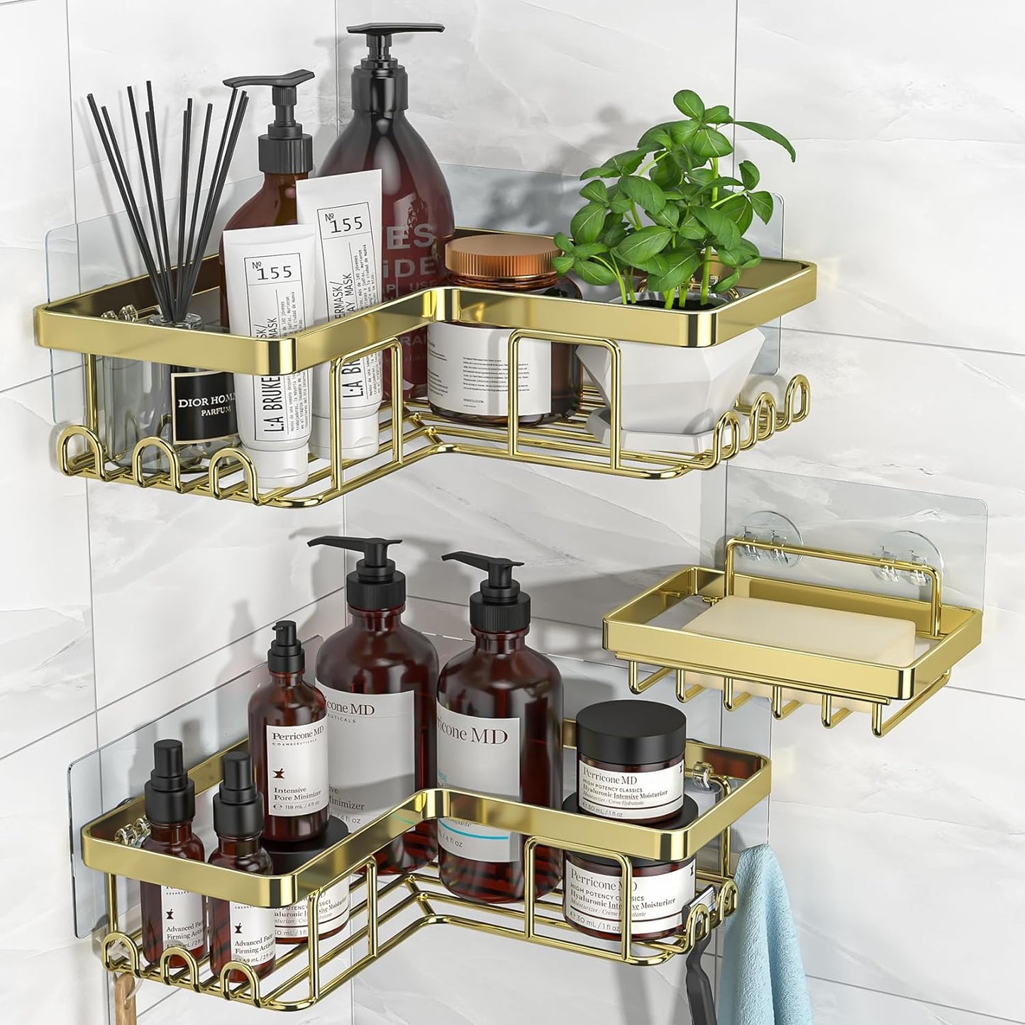 YASONIC Corner Shower Caddy - 3-Pack Adhesive Bathroom Organizer with Soap Holder & Hooks | Rustproof Stainless Steel, Gold