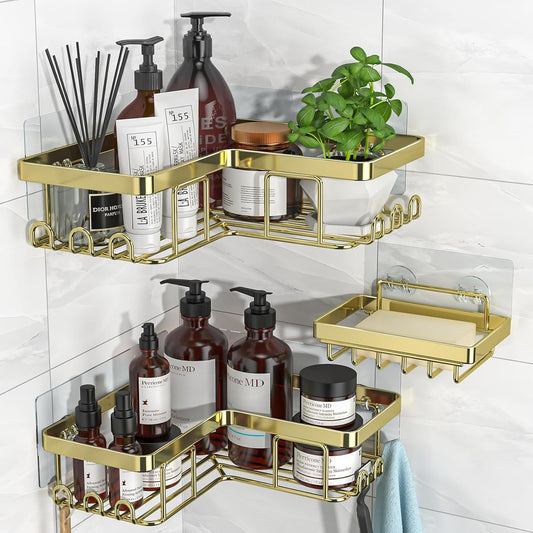 YASONIC Corner Shower Caddy - 3-Pack Adhesive Bathroom Organizer with Soap Holder & Hooks | Rustproof Stainless Steel, Gold