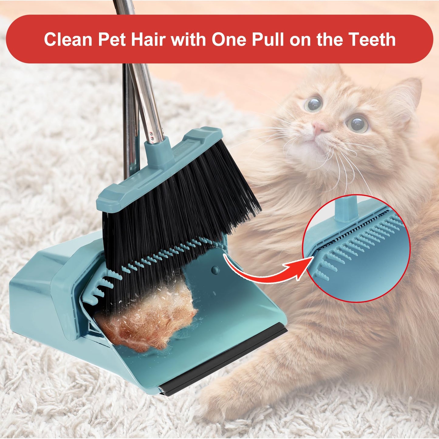 Tiumso Upgrade Broom and Dustpan Set, Broom with Dustpan Combo Set, Large Broom and Dust Pan with Handle, Self-Cleaning Dust Pans, Heavy Duty Broom and Dustpan Set for Lobby Kitchen Office - Green