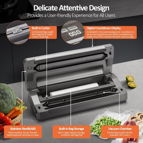 Anybear Vacuum Sealer Machine - 90kPa 120W All-in-One Food Storage with Built-in Cutter | Gray, 2 Bag Rolls & 5 Pre-Cut Bags