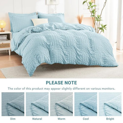 HYMOKEGE Lake Blue King Size Comforter Set Seersucker 7 Pieces, All Season Luxury Bed in a Bag for Bedroom, Bedding Set with Comforters, Sheets, Pillowcases & Shams