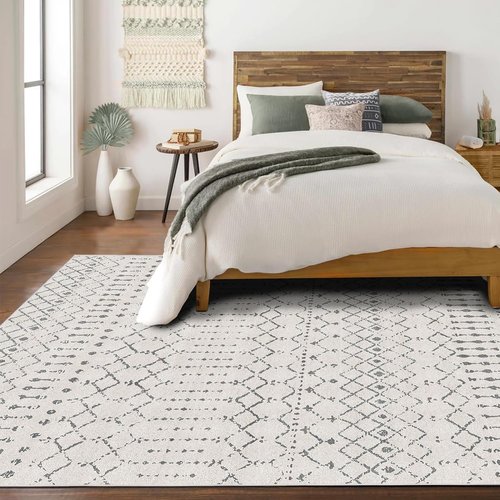 Deerly 5x7 Area Rugs for Living Room, Washable Rugs Moroccan Boho Farmhouse Rug with Non-Slip Backing, Soft Low Pile Indoor Floor Carpet Neutral Rug for Bedroom Dining Room, Off White/Grey