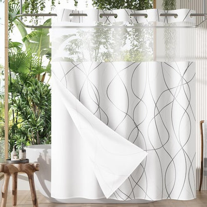AmazerBath No Hook Shower Curtain and Liner Set, Shower Curtain with Liner and Hooks Built-in Less Time, Heavy Duty Double Waterproof Farmhouse Shower Curtain Set for Bathroom, Grey, 74"x72"