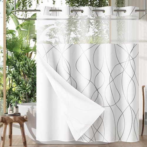 AmazerBath No Hook Shower Curtain and Liner Set, Shower Curtain with Liner and Hooks Built-in Less Time, Heavy Duty Double Waterproof Farmhouse Shower Curtain Set for Bathroom, Grey, 74"x72"