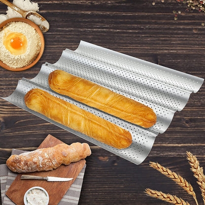 Fasmov 2 Pack Baguette Pan, 15" x 13"French Bread Baking Pan Nonstick Perforated Baguette Pan 4 Wave Loaves Loaf Bake Mold Toast Cooking Bakers Molding, Silver