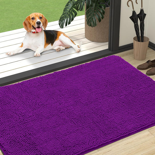 OLANLY Dog Door Mat - Absorbent Non-Slip Washable Doormat for Muddy Paws | 47x32 Purple Chenille Mat
