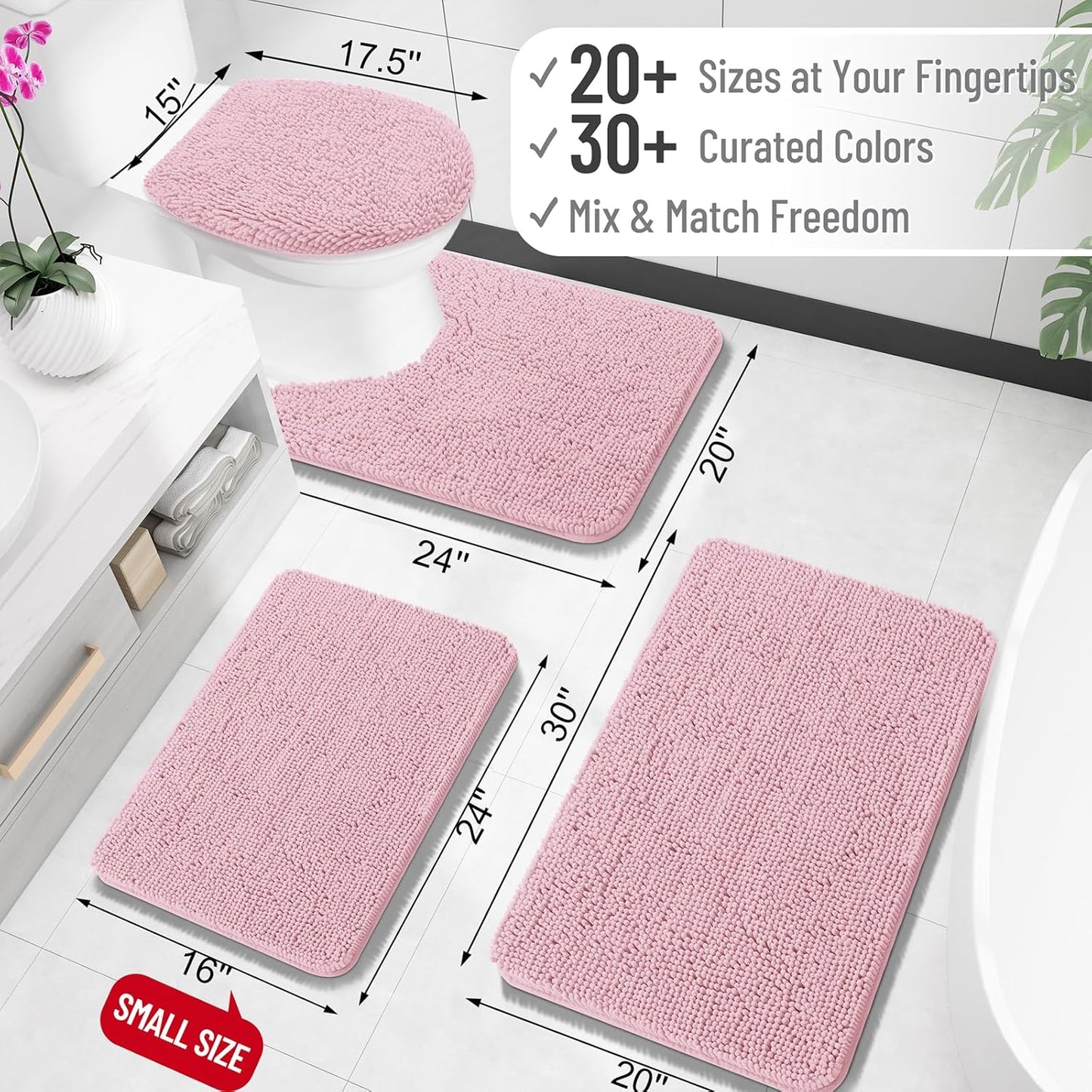 OLANLY Bath Rugs - Extra Soft Chenille with Rubber Backing - Quick Dry, Machine Washable, 24x16, Dusty Rose