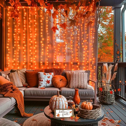 JMEXSUSS 300LED Orange Halloween Lights - Remote-Controlled 9.8x9.8ft Curtain String Lights for Indoor/Outdoor Fall Decor