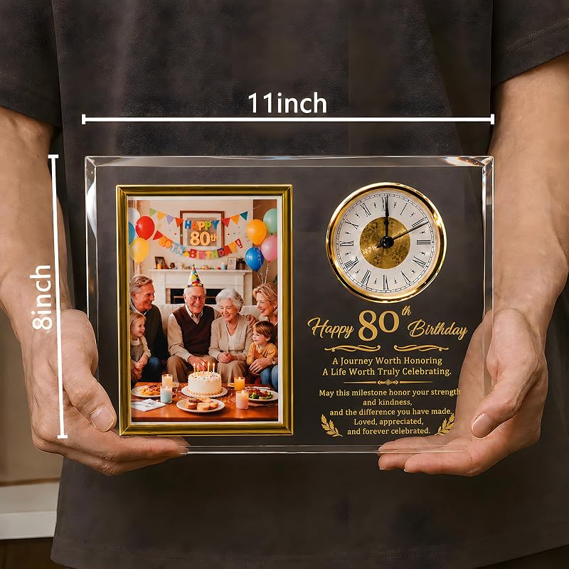 80th Birthday Glass Photo Frame Quartz Clock - 4x6 Photo Display - Gold-Tone Keepsake (Variation: 80th Birthday)
