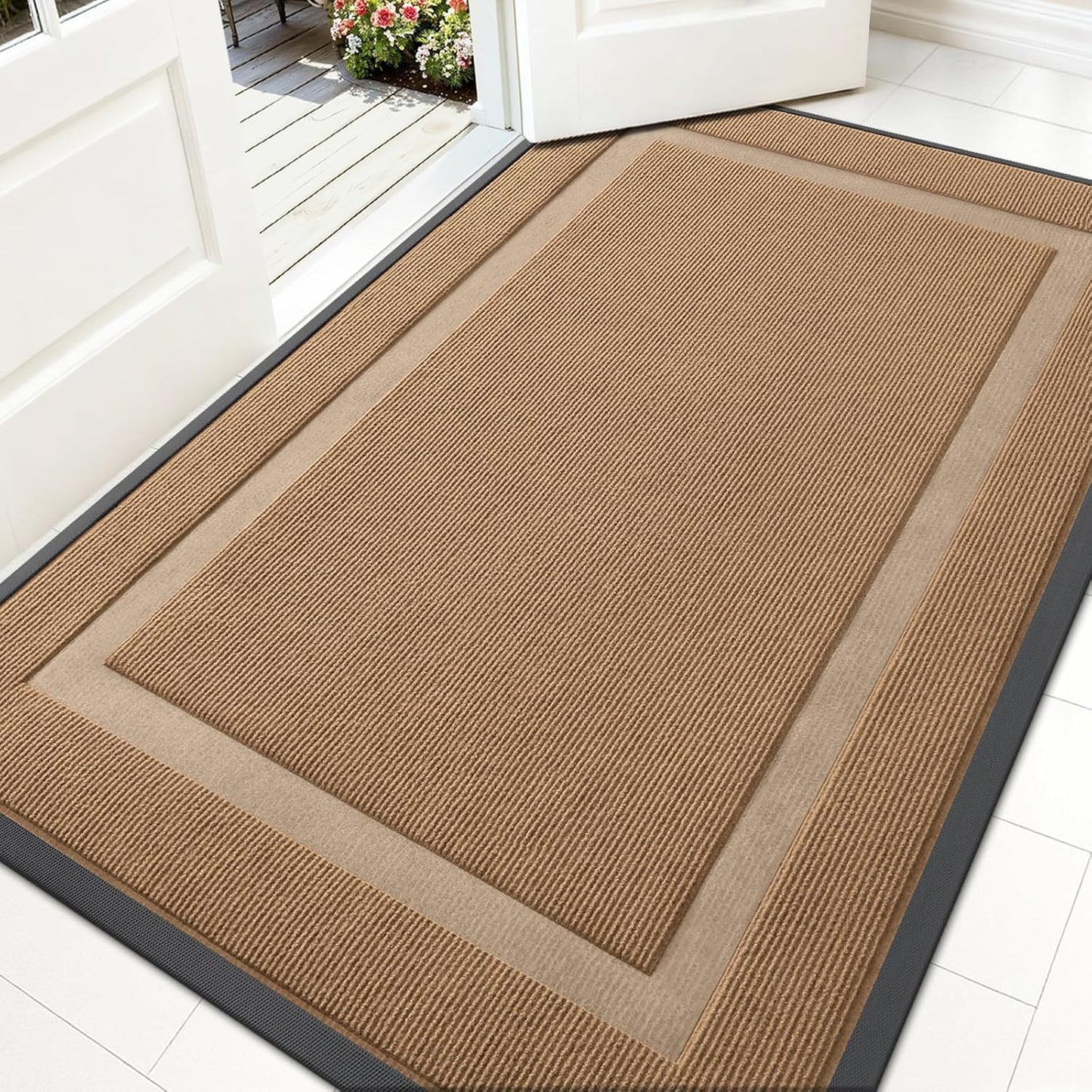 OLANLY Waterproof Front Door Mat - All-Season Indoor/Outdoor Doormat | Sturdy Natural Rubber, 59x35, Light Brown
