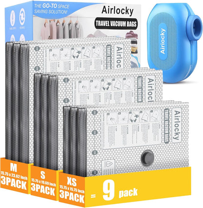 Skiennix Travel Vacuum Storage Bags - 9 Pack Compression Packing Bags with Portable Electric Pump | 80% Space Saver for Luggage