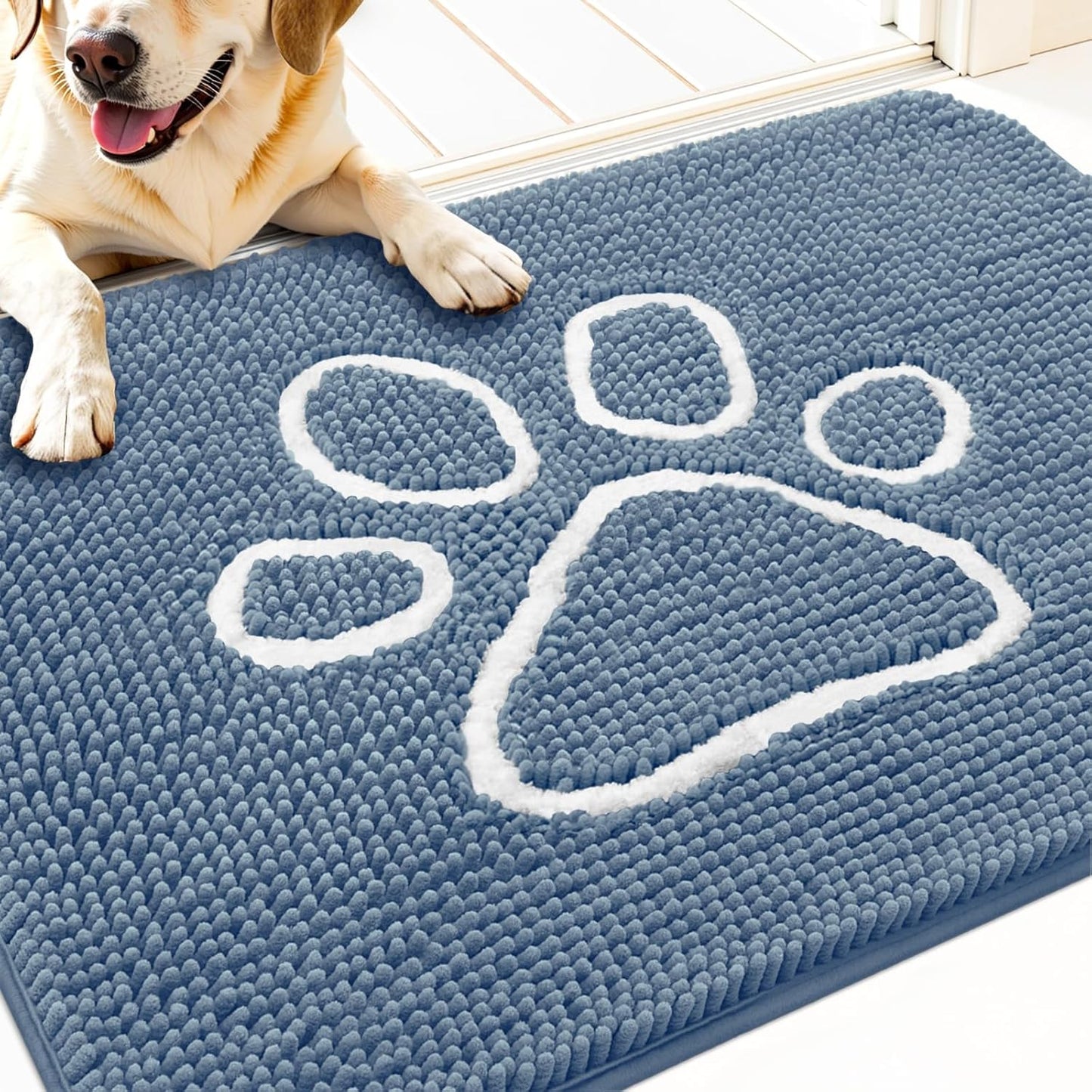 OLANLY Dog Door Mat - Absorbent Muddy Paws Doormat | Non-Slip, Quick Dry Chenille, 32x20, Airy Blue & White