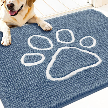 OLANLY Dog Door Mat - Absorbent Muddy Paws Doormat | Non-Slip, Quick Dry Chenille, 32x20, Airy Blue & White