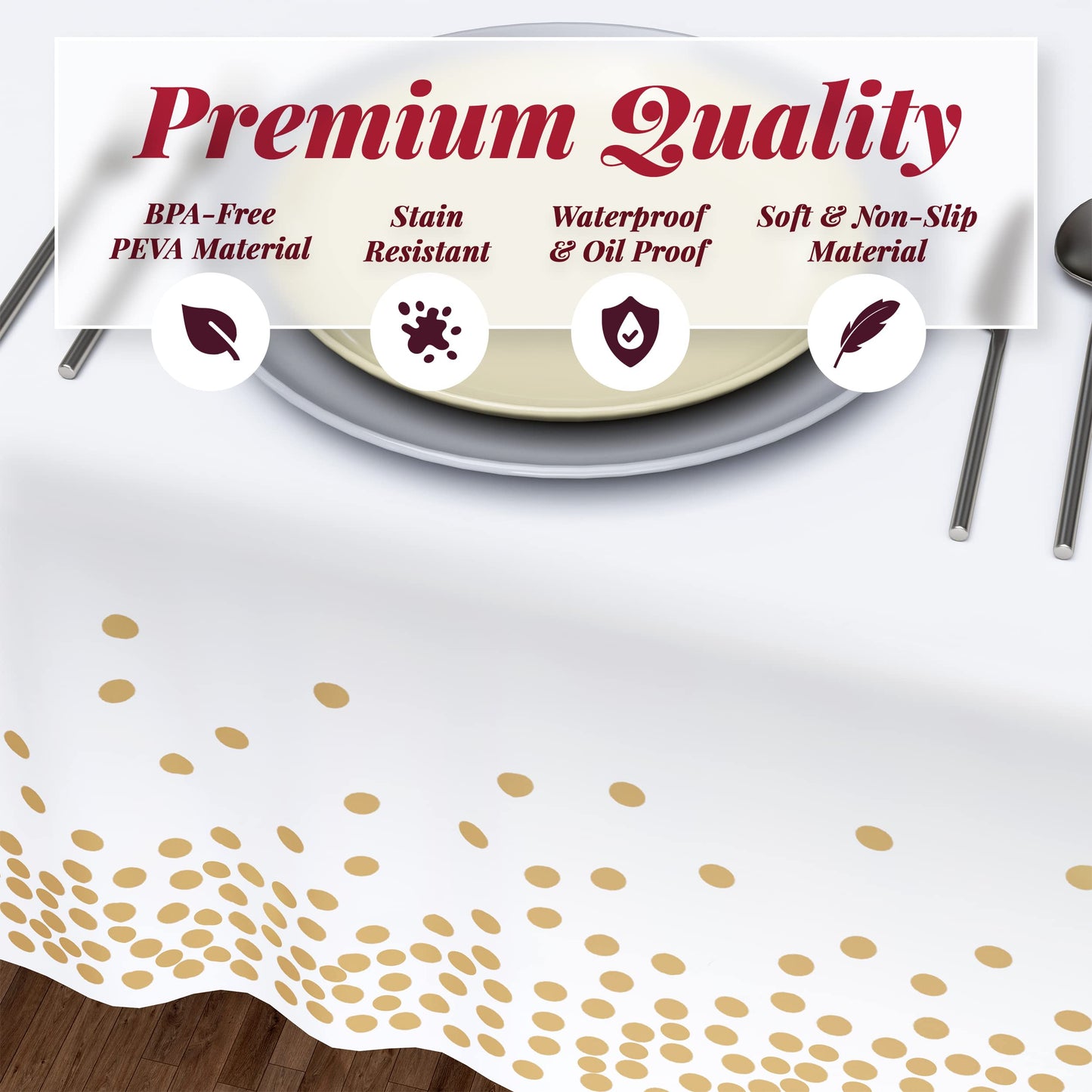 Prestee White/Gold Tablecloths, 4pk, 54"x108" - Gold Dot Disposable Tablecloths - Plastic Table Cloth Disposable - White Tablecloths - Party, Wedding, Baptism Decorations, Engagement Party Decorations