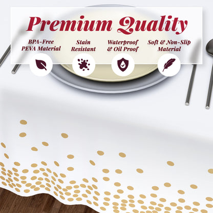 Prestee White/Gold Tablecloths, 4pk, 54"x108" - Gold Dot Disposable Tablecloths - Plastic Table Cloth Disposable - White Tablecloths - Party, Wedding, Baptism Decorations, Engagement Party Decorations