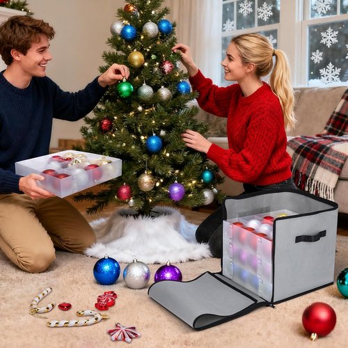 BALEINE Christmas Ornament Storage Box - Premium Holiday Container with Dividers for 64 Balls - Green