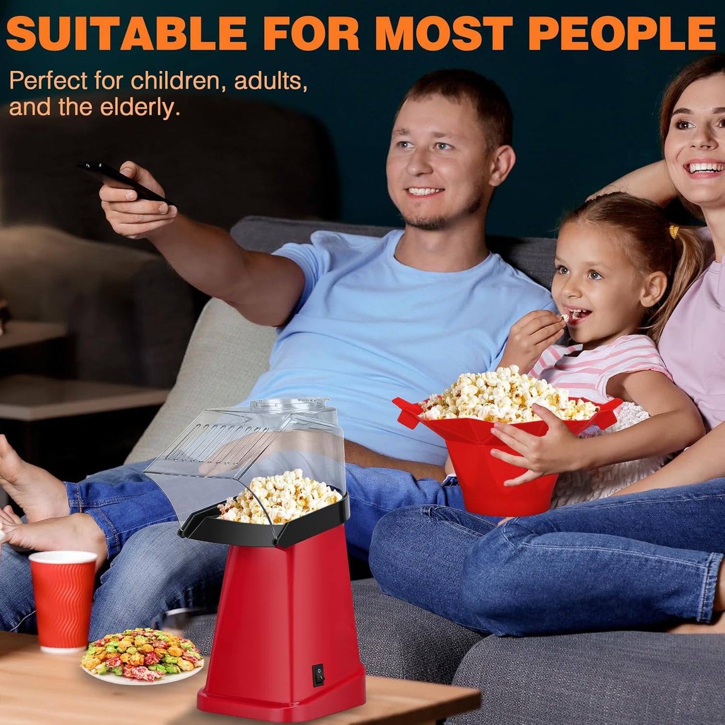 Skiennix Hot Air Popcorn Popper - Fast 1200W Machine with Bowl & Butter Tray for Kids Parties