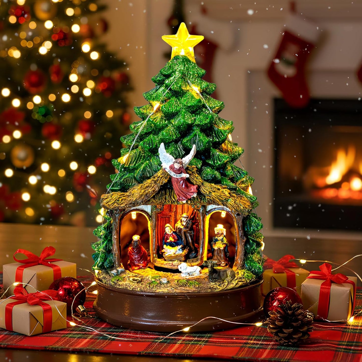 Regine Switzerland Christmas Tree Nativity Scene - Lighted & Animated Angel Family Figurines | Musical Silent Night Decor