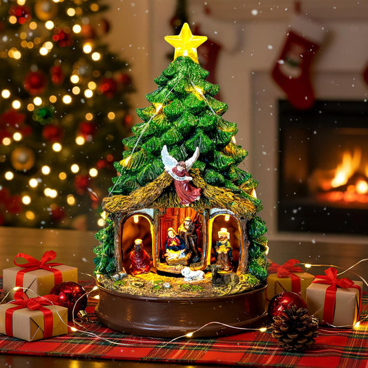 Regine Switzerland Christmas Tree Nativity Scene - Lighted & Animated Angel Family Figurines | Musical Silent Night Decor