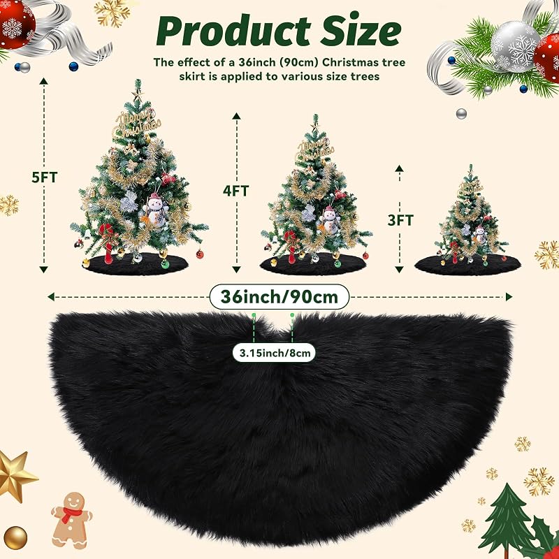 Parttely 36inch Black Wool Fur Christmas Tree Skirt - Thick Plush Holiday Decoration