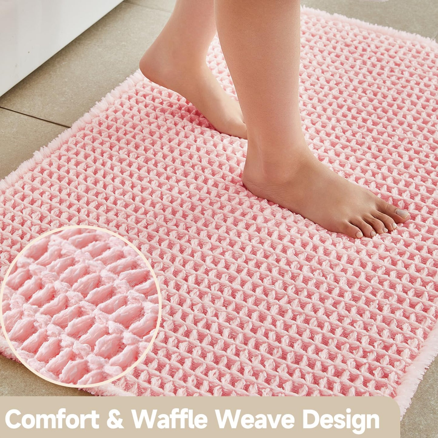 TYUU Light Peachy Pink Long Bathroom Rugs, Waffle Runner Rug Bathroom Non Slip Washable Quick Dry Cute Bath Mat Boho Farmhouse Bath Mat, 72"x24" Light Peachy Pink