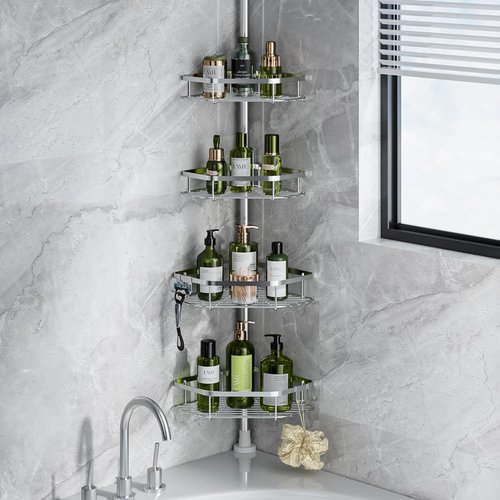 LAMU Shower Caddy - Adjustable 4-Tier Corner Tension Pole Organizer with Strong Spring & 4 Hooks | Silver