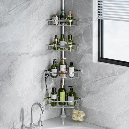 LAMU Shower Caddy - Adjustable 4-Tier Corner Tension Pole Organizer with Strong Spring & 4 Hooks | Silver