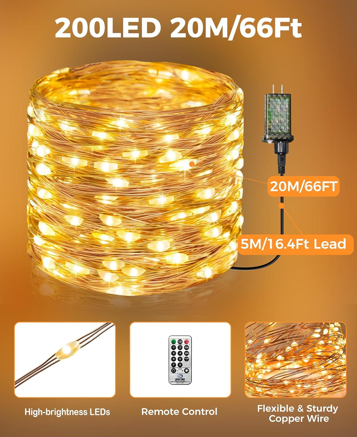 Plug-In Fairy Lights - 66 Ft 200 LED String Lights with Remote, 8 Modes & Timer | Warm White for Indoor Decor