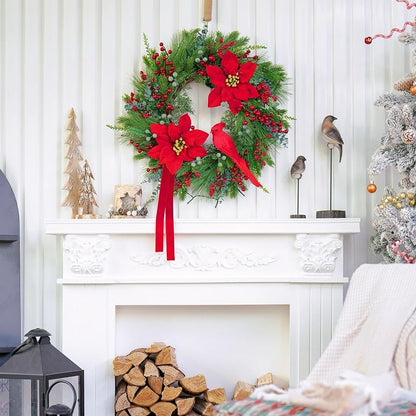 24-Inch Pre-Lit Christmas Door Wreath with Cardinal Birds & Poinsettia