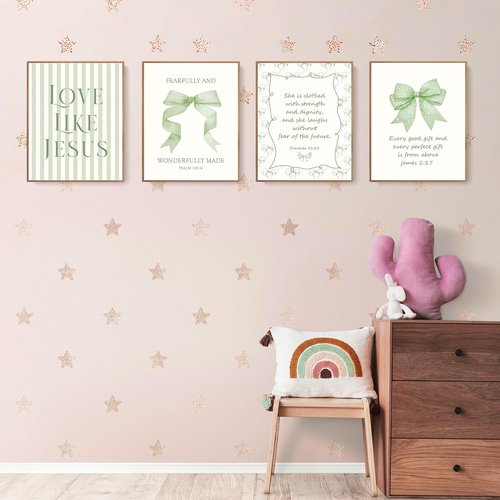 LARTSFRO Coquette Wall Art Decor - Sage Green Bow Aesthetic Prints | Inspirational Bible Verses, 8x10 Inch Set of 4 (Unframed)