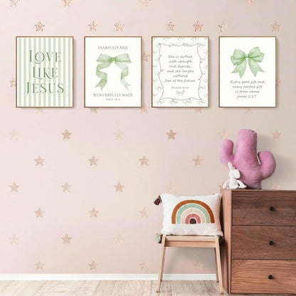 LARTSFRO Coquette Wall Art Decor - Sage Green Bow Aesthetic Prints | Inspirational Bible Verses, 8x10 Inch Set of 4 (Unframed)