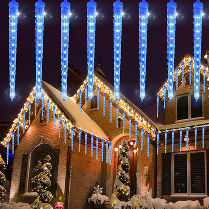 WATERGLIDE 16 Icicles Meteor Shower Lights - 12" Connectable Blue LED Christmas Decor | 384 SMD Crystal Lights