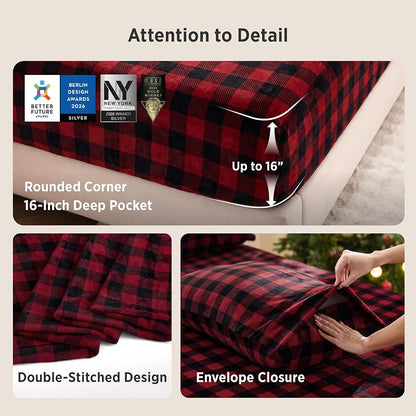 Bedsure Buffalo Plaid Fleece Sheets - Queen, 220 GSM, Anti-Static, 16" Deep Pocket