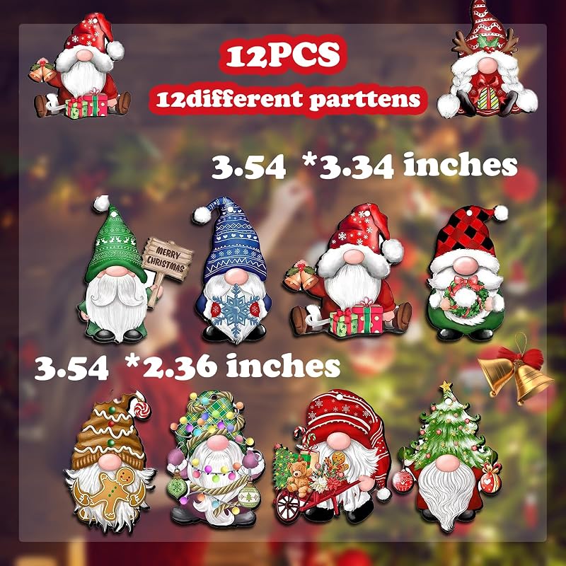 12 Pcs Christmas Gnome Wooden Ornaments - Small Rustic Home Decor, Xmas Tree Decorations - Xmas-B