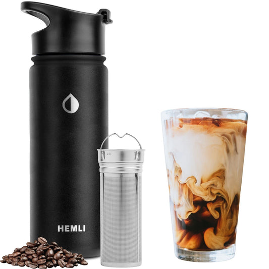 Hemli Cold Brew Bottle Coffee Maker, 18 oz Insulated Portable Cold Brew Cup To-Go Coffee Tumbler, Cold Brew Travel Mug with Stainless Steel Filter, Leakproof, Airtight, Rustproof