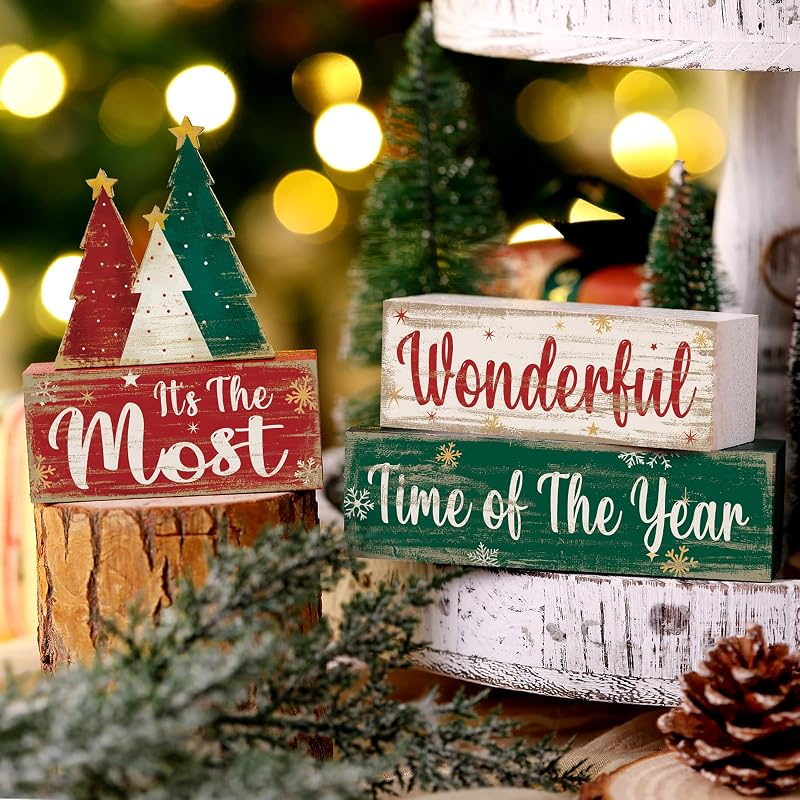 Moucuny 4 Pcs Christmas Tree Table Decorations - Wooden Blocks Signs, Tree Variation