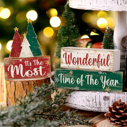 Moucuny 4 Pcs Christmas Tree Table Decorations - Wooden Blocks Signs, Tree Variation