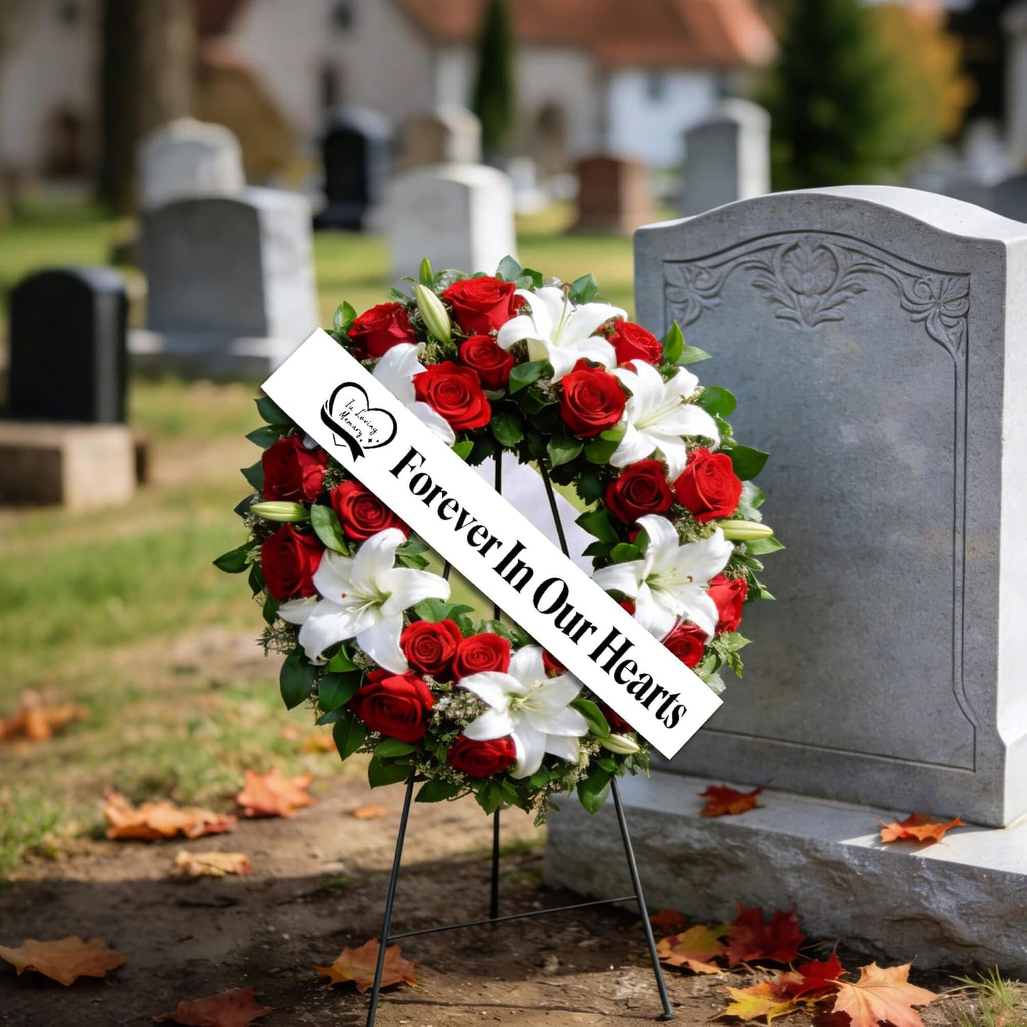 Regine Switzerland Elegant Funeral Wreath Sash - Forever in Our Hearts Memorial Ribbon for Graves & Wreaths (White)