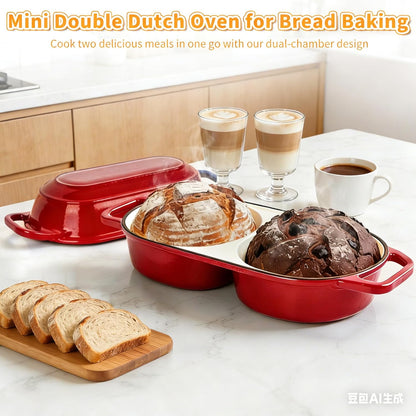 Skiennix Mini Double Dutch Oven - 2.2QT Enameled Cast Iron Pot for Sourdough Baking | Oven Safe to 500°F