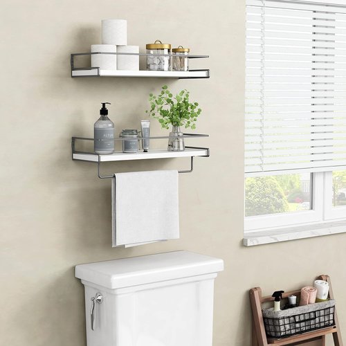 Forbena Floating Bathroom Shelves - Wall-Mounted Organizer with Towel Rack | Set of 2 (White-Dark Grey)