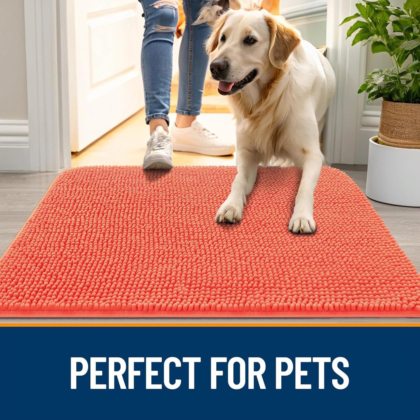 OLANLY Dog Door Mat - Absorbent Non-Slip Mud Mat for Indoor Use | Quick Dry Chenille, 36x24, Coral