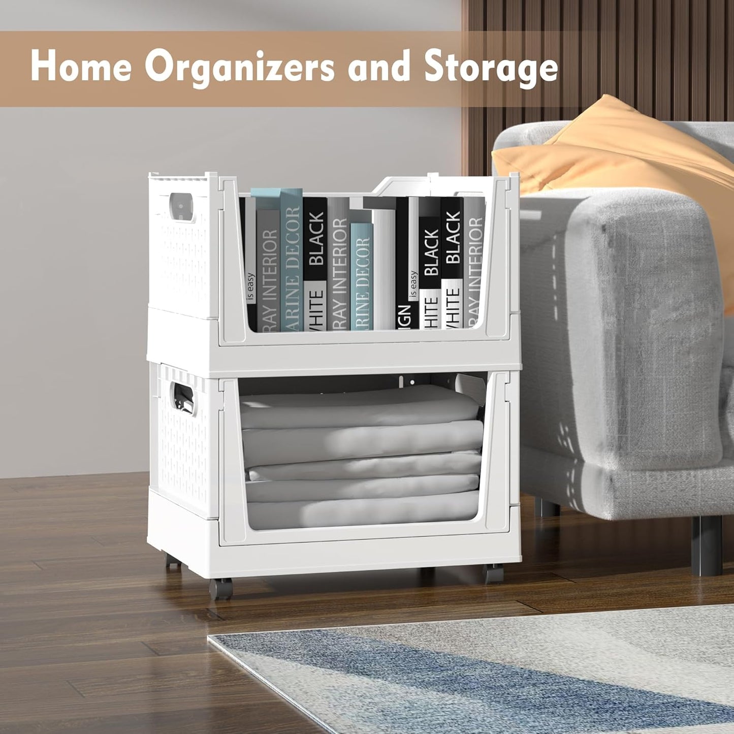 Stackable Storage Baskets by [Brand Name] - 3 Pack Foldable Organizers with Wheels | Versatile Closet & Office Storage