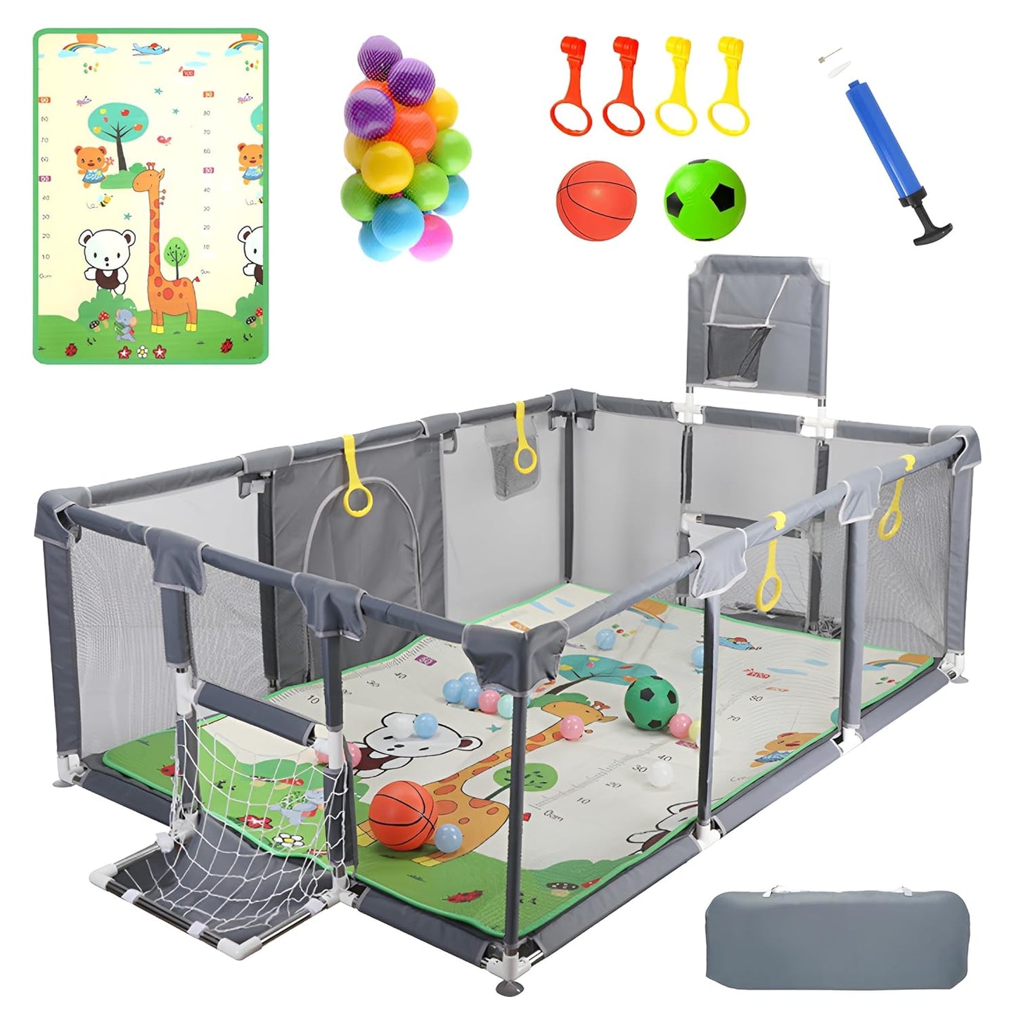 Skiennix Upgraded Playpen - Thick Foldable Mat, Balls, Rings, Storage Bag & Sports Nets | BPA-Free & Safe