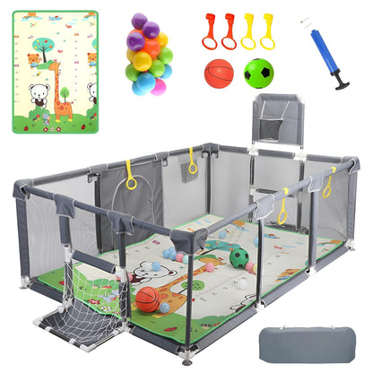 Skiennix Upgraded Playpen - Thick Foldable Mat, Balls, Rings, Storage Bag & Sports Nets | BPA-Free & Safe