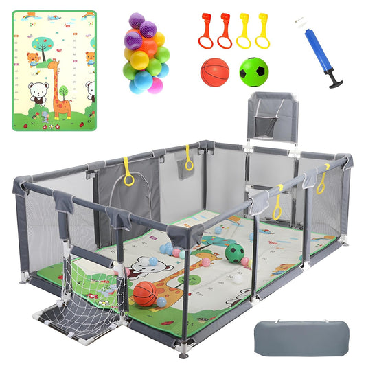 Skiennix Upgraded Playpen - Thick Foldable Mat, Balls, Rings, Storage Bag & Sports Nets | BPA-Free & Safe