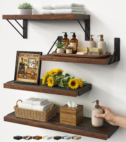 BAYKA Floating Wall Shelves - Rustic Wood Storage for Bathroom, Living Room & Kids' Rooms | Set of 4