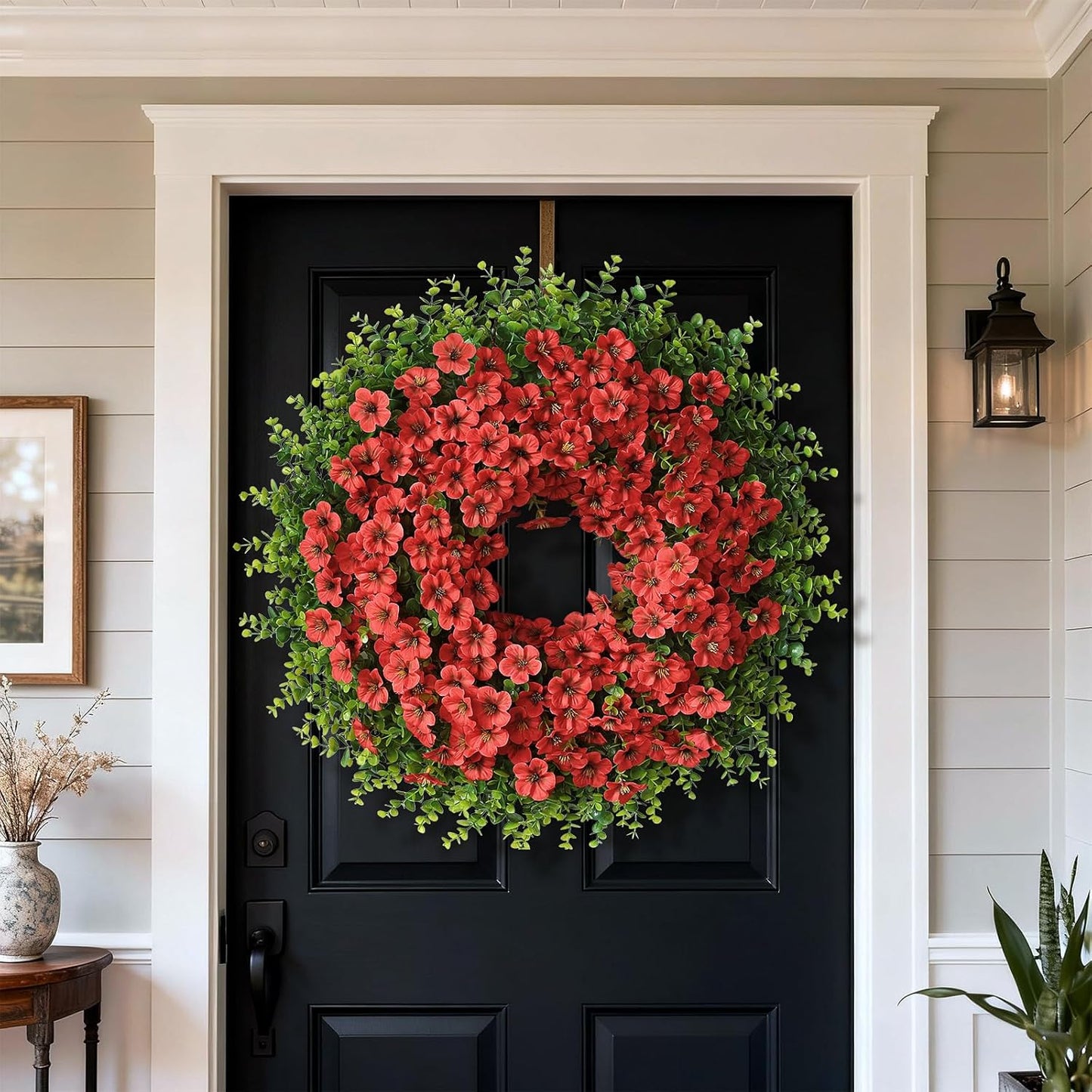 Skiennix 26" Large Artificial Eucalyptus Wreath - Realistic Faux Silk Morning Glory Flowers for Home & Wedding Decor (Red)