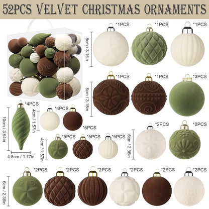 52 Pcs Velvet Christmas Ornaments Set - Flocked Shatterproof Balls, Brown Cream Green (Variation of THIS listing)
