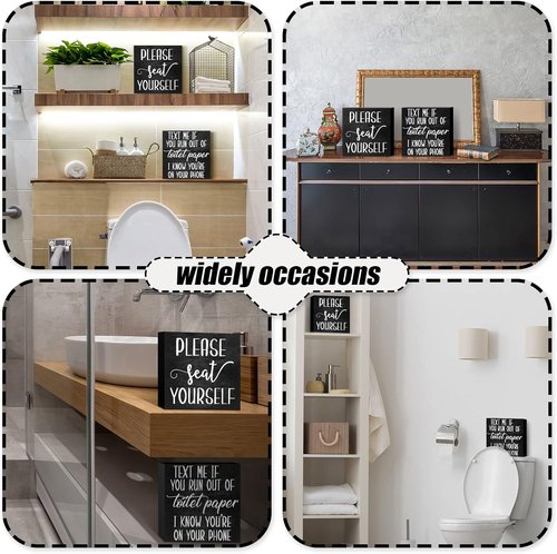 Jetec Farmhouse Bathroom Signs Decor - Rustic Wooden Plaque Wall Art | Set of 2 Please Seat Yourself (Black)