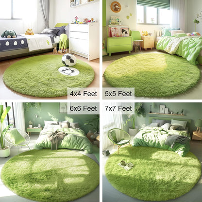 OLANLY Round Grass Green Area Rug - Soft, Fluffy, Machine Washable 8 ft Circle Carpet for Bedroom & Living Room